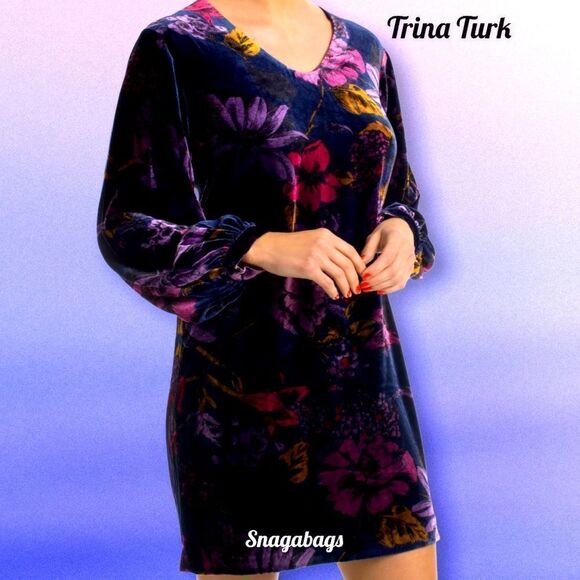 TRINA TURK NWT ECLAIR FLORAL PRINT VELOUR SILK DRESS MEDIUM - Picture 2 of 11